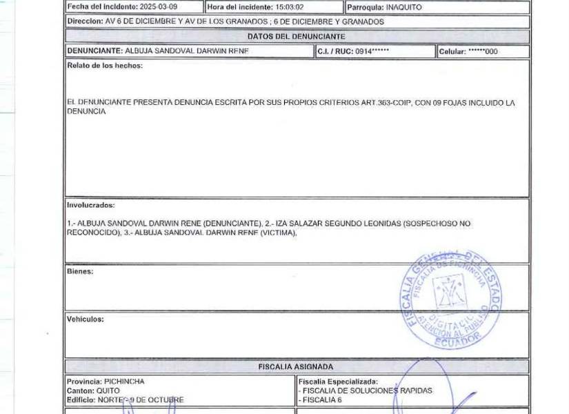 Texto de la denuncia que Leonidas Iza publicó en sus redes sociales