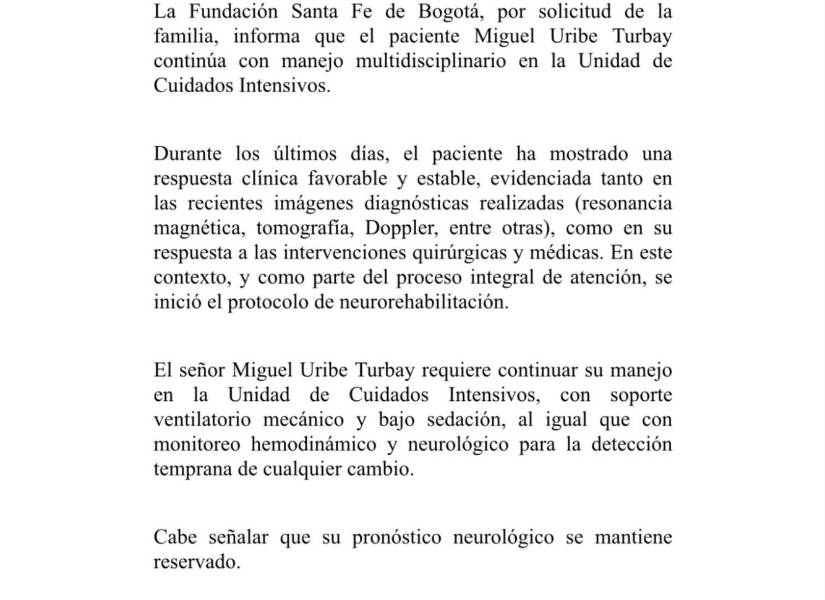 El senador Miguel Uribe Turbay muestra mejora clínica y comienza rehabilitación neurológica