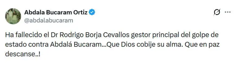 Publicación de Abdalá Bucaram sobre Rodrigo Borja.