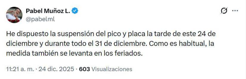 Publicación de Pabel Muñoz respecto al Pico y placa.