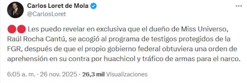 Publicación del periodista Carlos Loret de Mola.