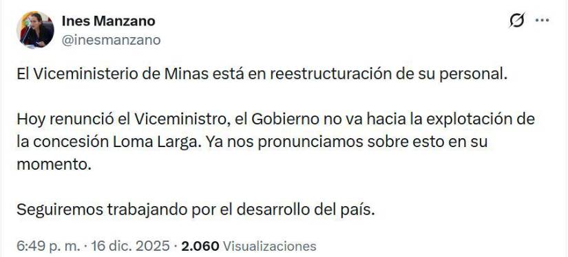 Publicación de la ministra Inés Manzano en X.