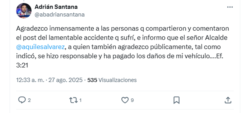 Mensaje del dueño del auto siniestrado en Mapasingue Este, confirmando que Aquiles Álvarez pagó los daños.