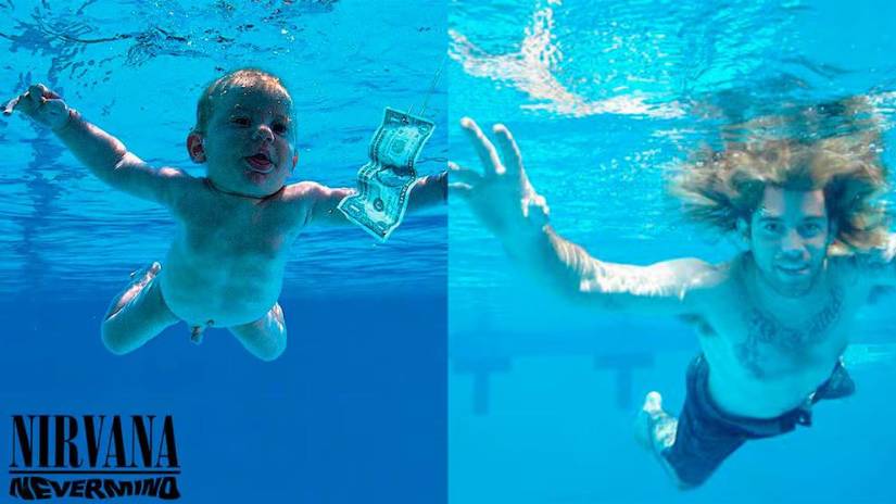 Portada de Nevermind (i) y el bebé en 2022 (d).