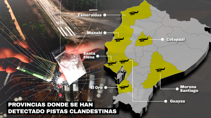 En Guayas, Santa Elena, Manabí, El Oro, Cotopaxi y Morona Santiago se han detectado pistas clandestinas entre 2024 y 2025, según publicaciones de FF. AA. y Defensa.