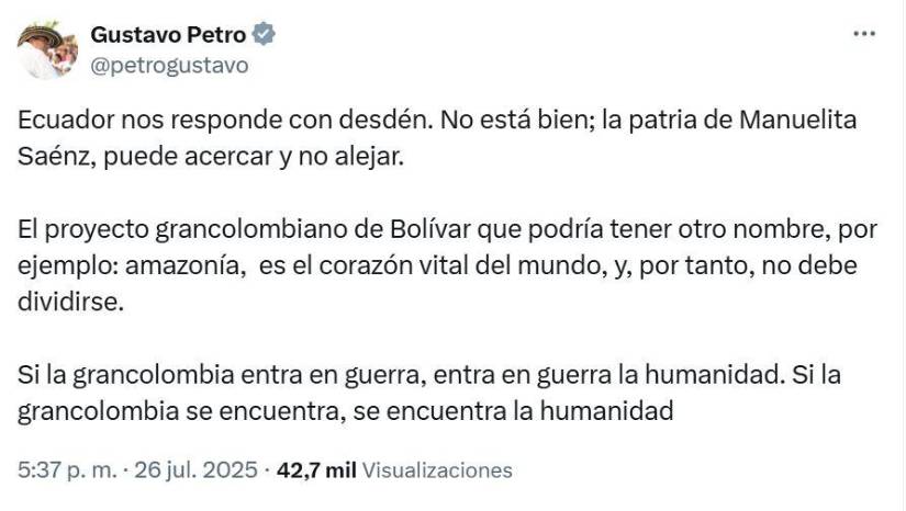 Publicación de Gustavo Petro.