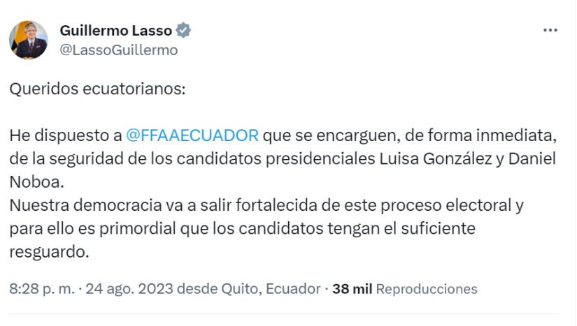 Segunda vuelta Ecuador 2023: Guillermo Lasso dispone que las Fuerzas Armadas se encarguen de la seguridad de Luisa González y Daniel Noboa