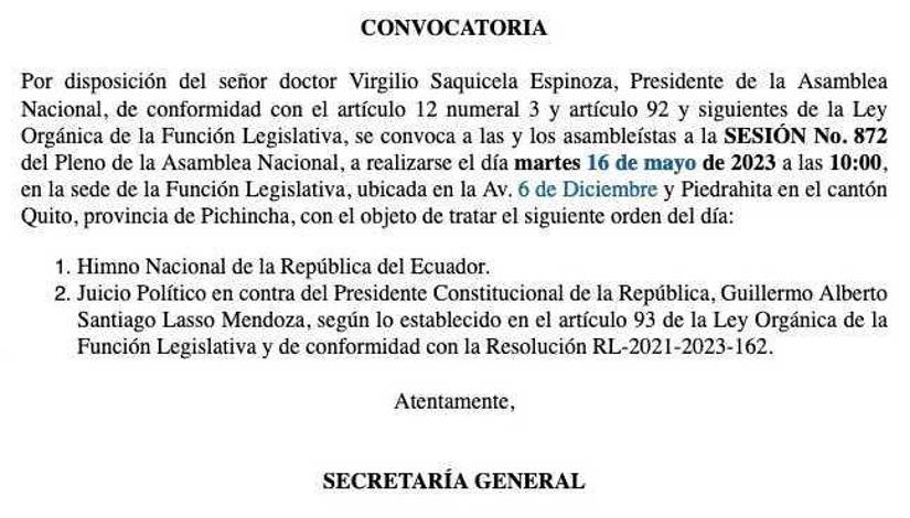 Convocatoria a sesión No. 872