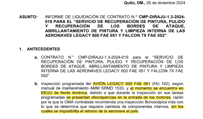 Captura de pantalla de un informe del 5 de diciembre del 2024 en el que se detalla que el avión Legacy 600 tiene daños en sus motores y está en Estados Unidos.