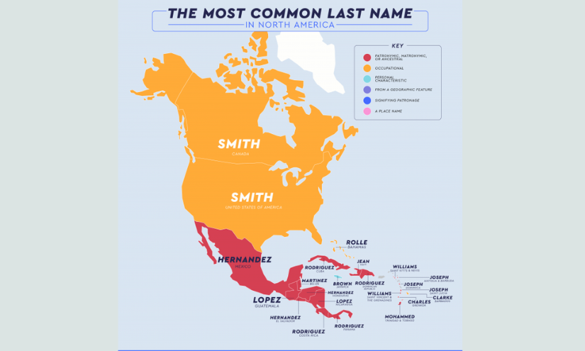 Mapa de los apellidos más comunes en Norteamérica.
