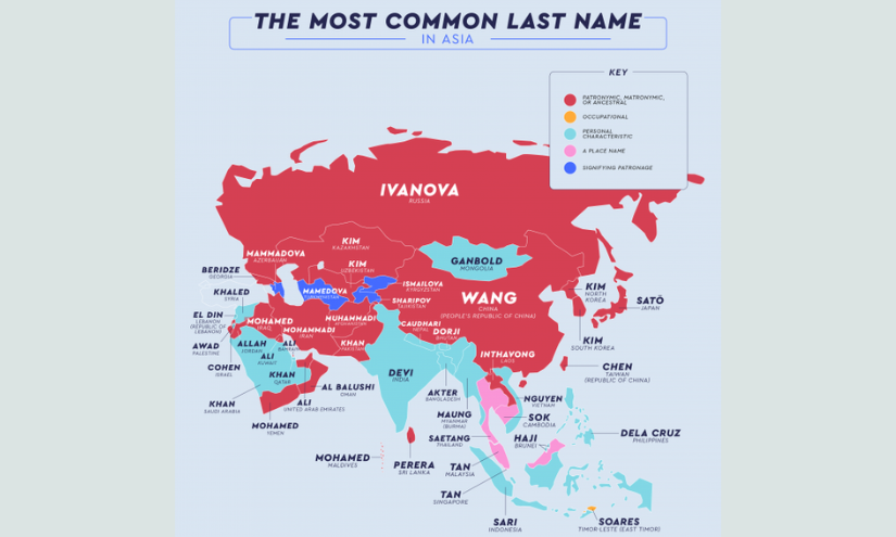 Mapa de los apellidos más comunes en Asia.