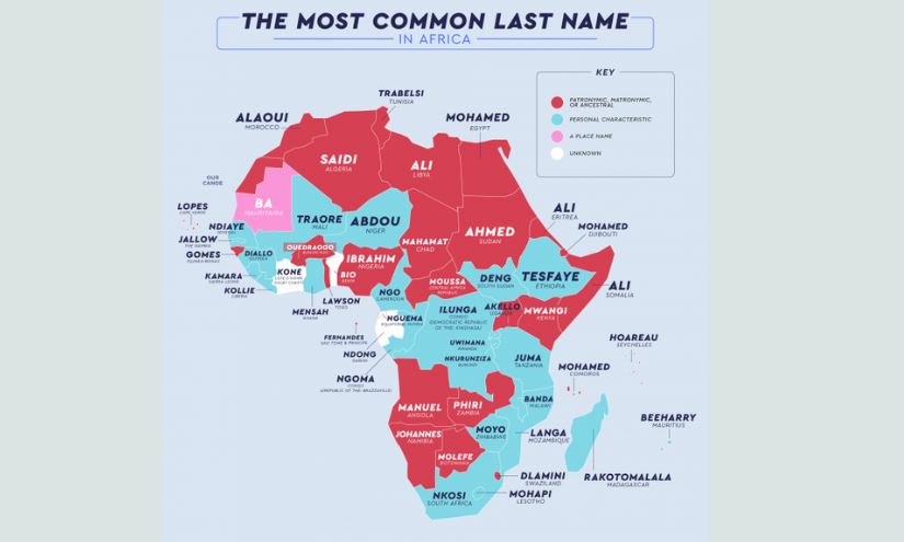 Mapa de los apellidos más comunes en África.