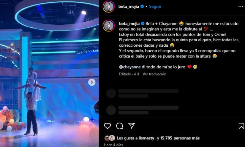 Captura de post realizado por Beta Mejía en su cuenta de Instagram.