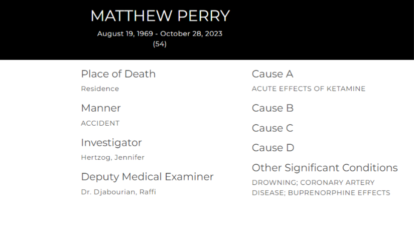Captura de la página web del Médico forense del condado de Los Ángeles, en donde se detalla la causa de muerte de Perry.
