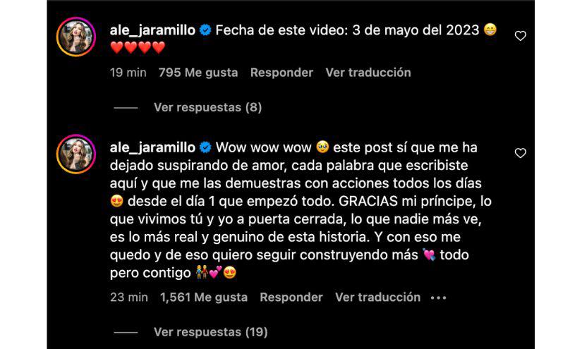 Jaramillo demostró lo enamorada que se encuentra en el comentario publicado en la publicación del influencer