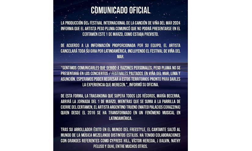 Captura del comunicado subido por el Festival de Viña del Mar a sus redes.