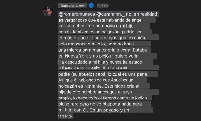 Sara Molina comentó en la publicación de Anuel, ahora eliminada de redes sociales