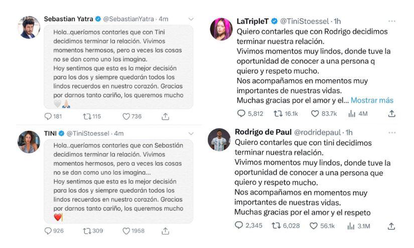 Los fans de la cantante argentina notaron las similitudes entre los comunicados de ambas rupturas amorosas