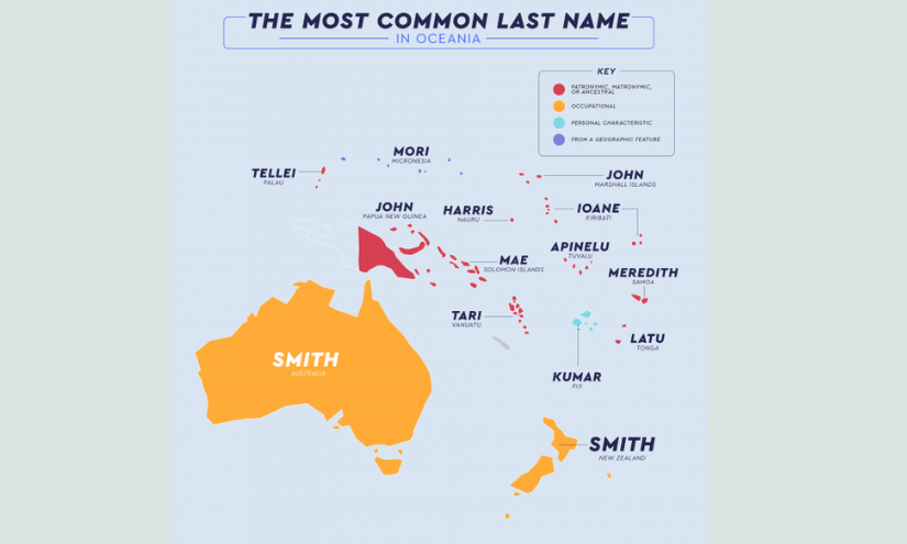 Mapa de los apellidos más comunes en Oceanía.
