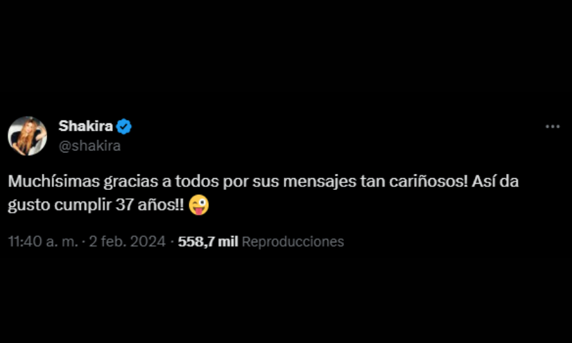 Captura del tuit de Shakira.