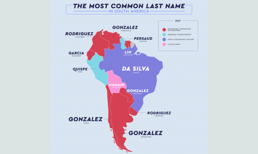 Mapa de los apellidos más comunes en Sudamérica.