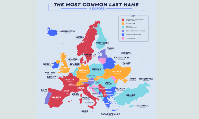 Mapa de los apellidos más comunes en Europa.