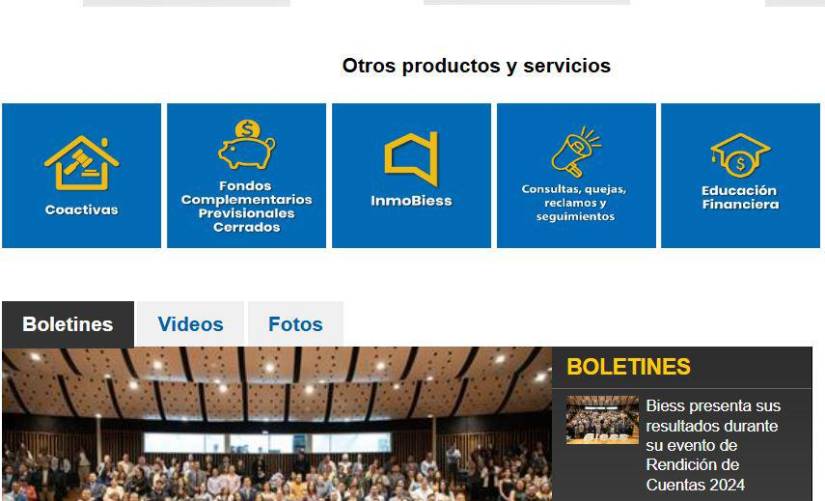 Vista de las secciones de la web del BIESS.