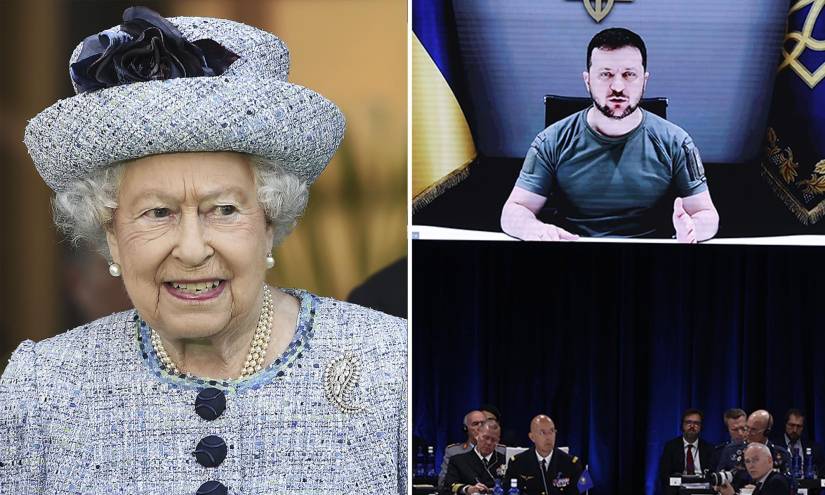 La reina Isabel II de Reino Unido fallecida el 8 de septiembre en una imagen de 2017. A la derecha, una imagen del presidente del Ucrania, Volodímir Zelenski, interviniendo por videoconferencia en la primera jornada de la cumbre de la OTAN en el mes de junio.