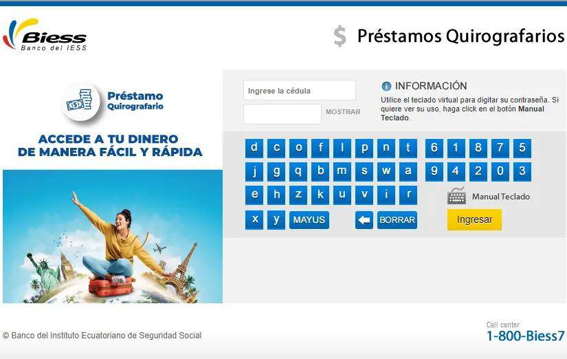 Vista principal de la sección de préstamos quirografarios del sitio web del BIESS.