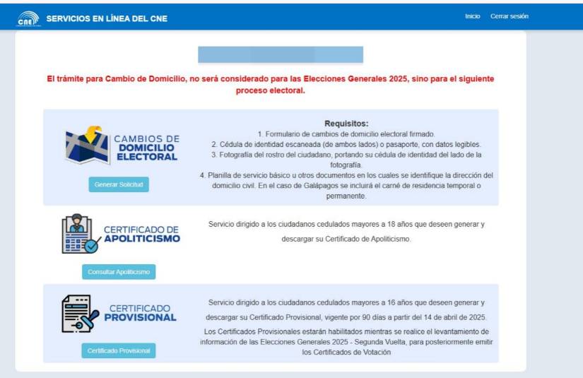 Foto del portal de servicios del Consejo Nacional Electoral (CNE).