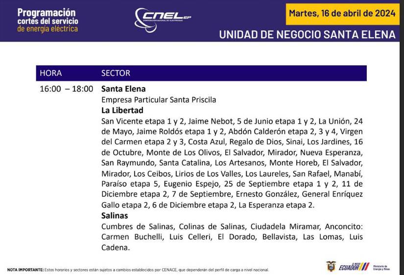 Horarios de cortes entre las 16:00 y las 18:00.