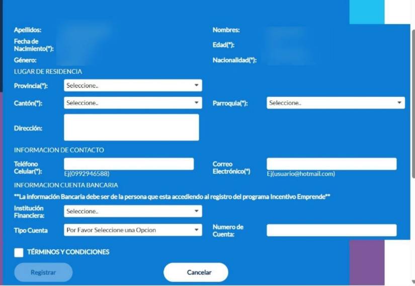 Imagen del formulario del bono Incentivo Emprende.