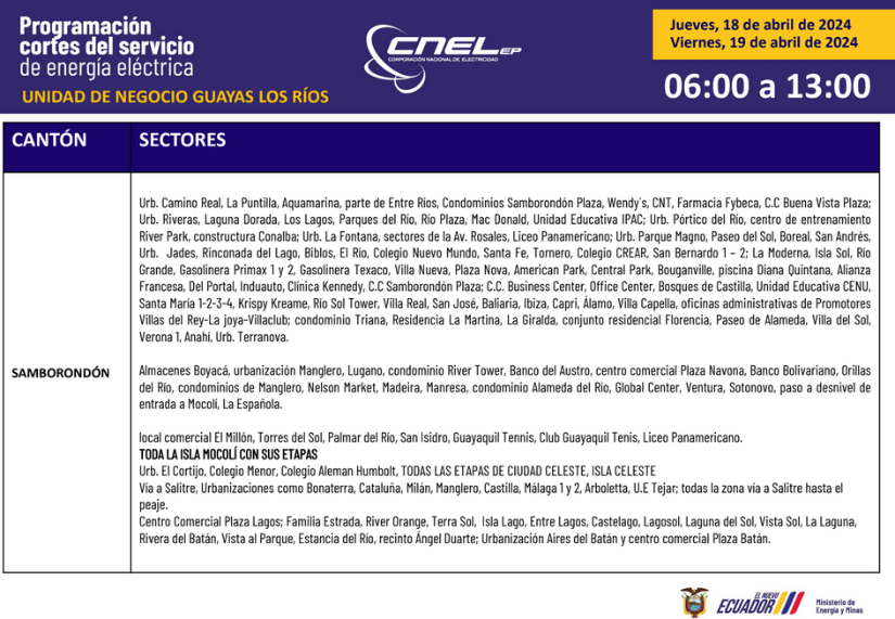 Sectores de Samborondón afectados por los cortes de 06:00 a 13:00.
