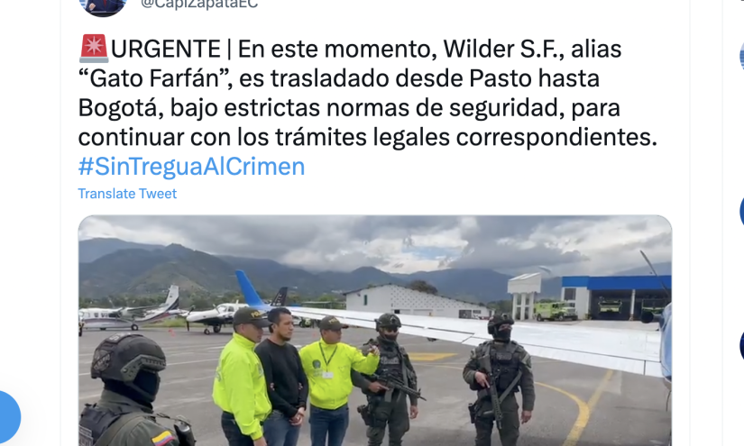 Alias 'Gato Farfán' fue traslado de Pasto hacia Bogotá para continuar proceso de extradición.