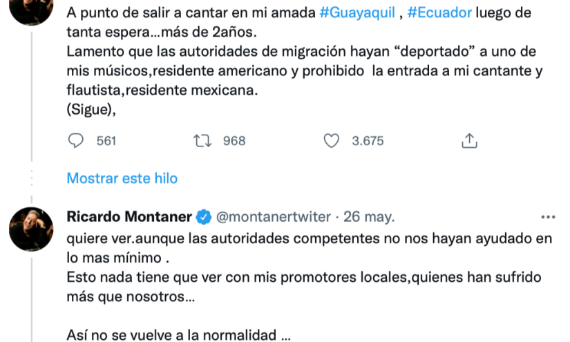 Montaner en Twitter al arribar al país.