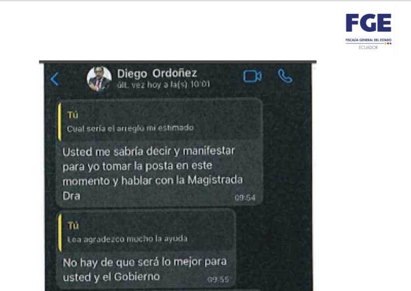 Mensajes de Diego Ordoñez hacia Leandro Norero, publicados por la Fiscalía General.