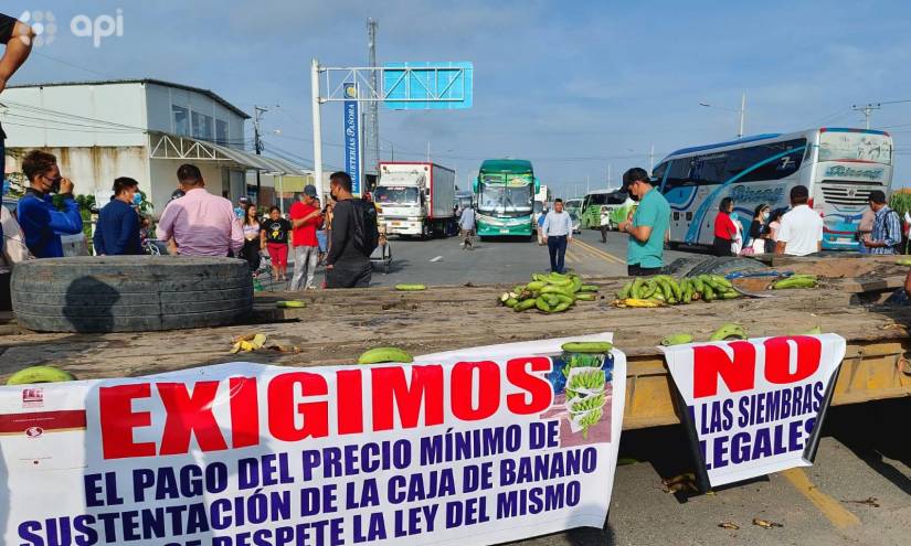 EL TRIUNFO, Guayas.- Productores de banano cerraron la vía que conecta El Triunfo con Guayaquil.