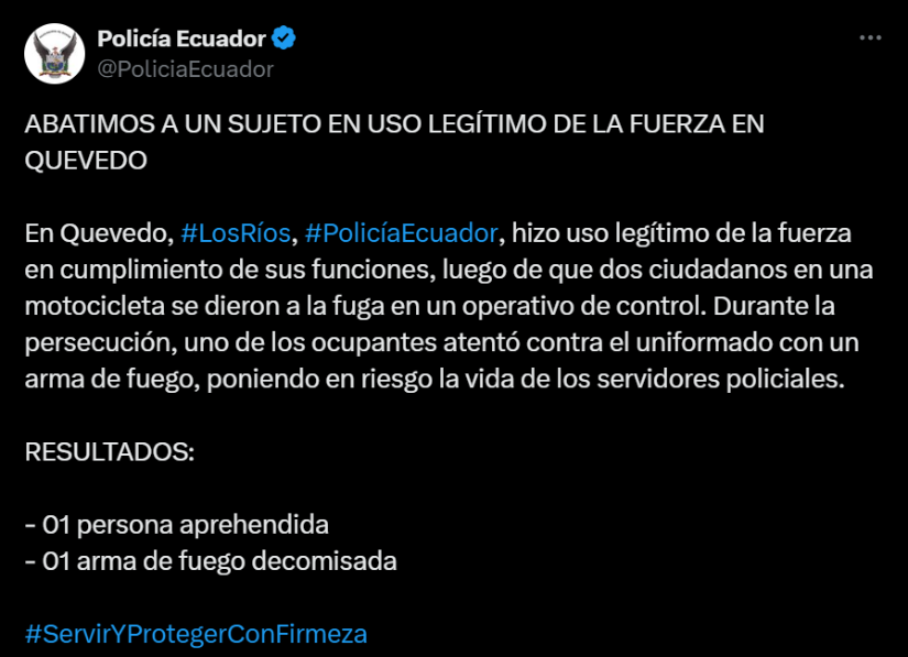 Un detenido y un abatido dejó operativo en Quevedo.