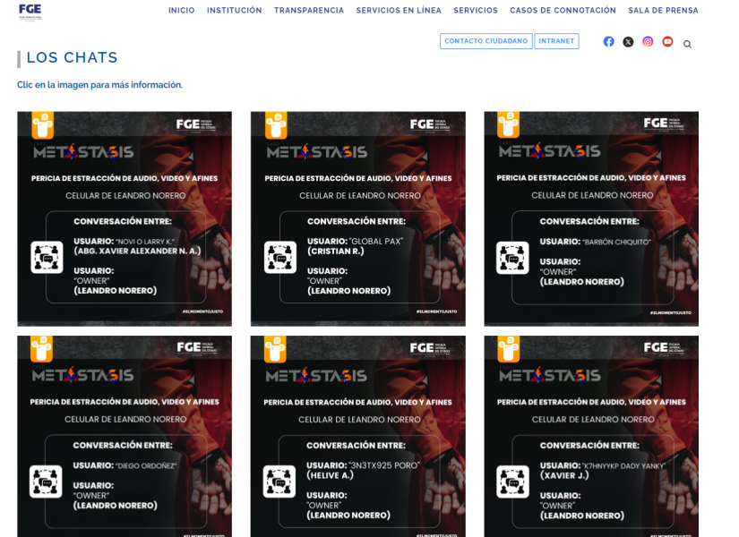 Imagen de la página de la Fiscalía denominada Los Chats del caso Metástasis, en la que también aparece el nombre de Diego Ordoñez.