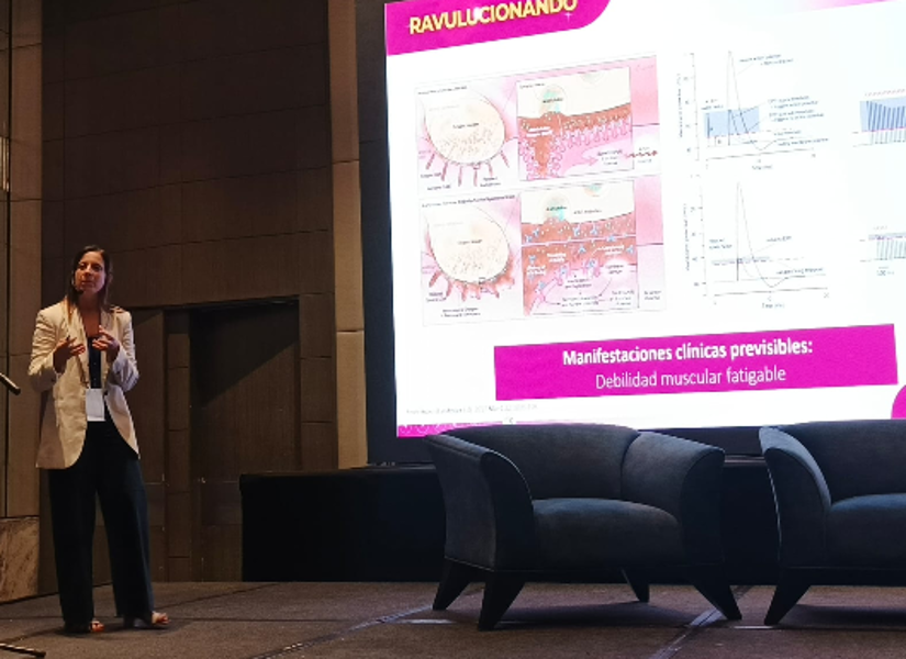 Dra. Florencia Aguirre, médica neuróloga del Hospital Ramos Mejía-Argentina, durante su ponencia sobre el abordaje multidisciplinario de Miastenia Gravis.