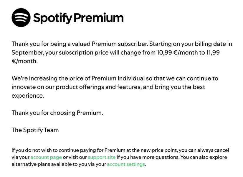 Mensaje de Spotify anunciando el aumento de precios.