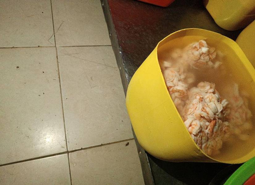 Imagen de un camarones cerca del piso y donde paseaban cucarachas, en un chifa de Cuenca.