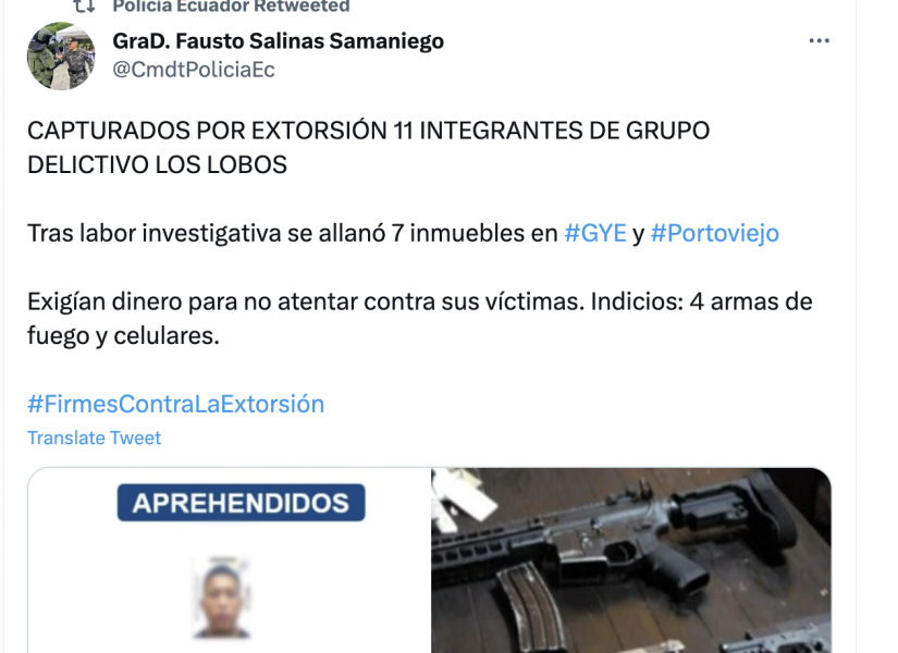El comandante General de la Policía Nacional, Fausto Salinas, informó sobre la captura.