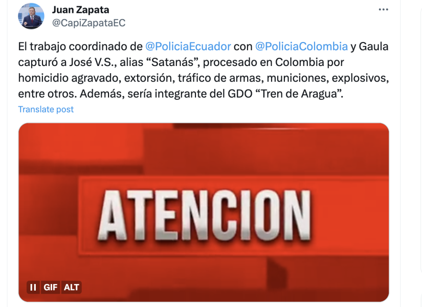 Alias Satanás está procesado en Colombia por homicidio agravado, extorsión, tráfico de armas, municiones, explosivos, informó Zapata en un tuit.
