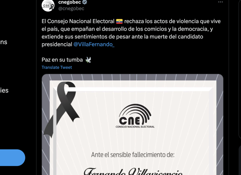 El Consejo Nacional Electoral (CNE) se pronunció tras el asesinato de Fernando Villavicencio.