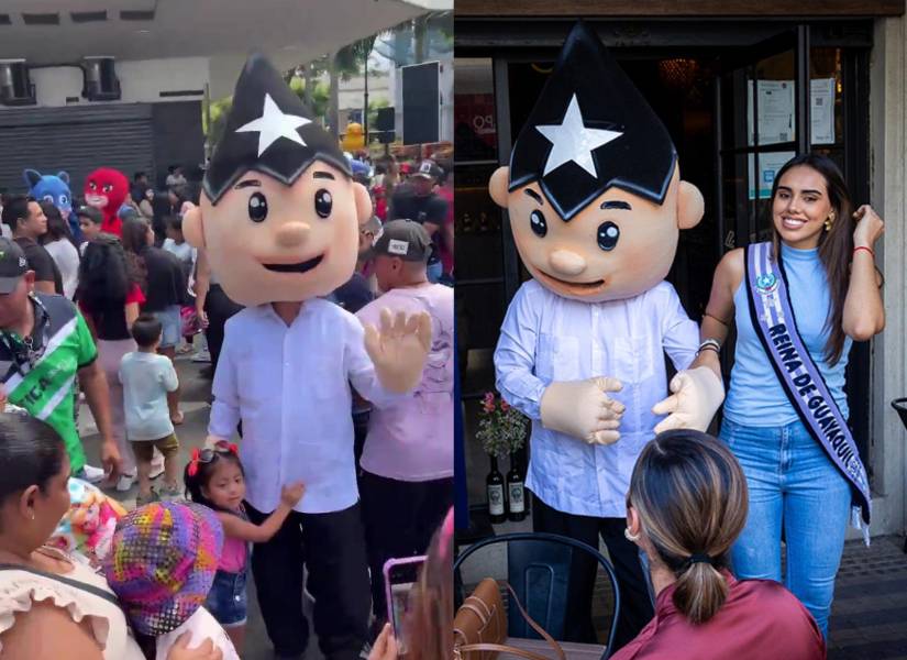 A la izquierda, un Juan Pueblo en un festejo por el Día del Niño en junio de 2025. A la derecha, un Juan Pueblo con Sabina González, reina de Guayaquil, en agosto de 2024.