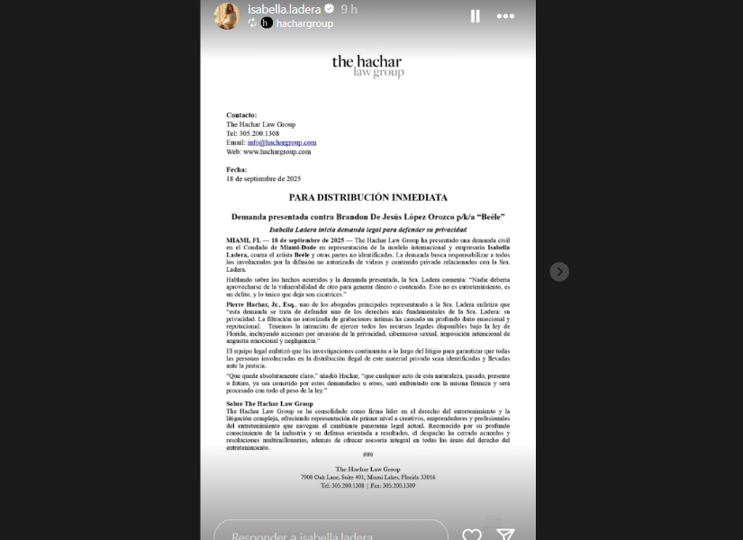 Isabella Ladera publicó la demanda oficial en sus historias de Instagram.