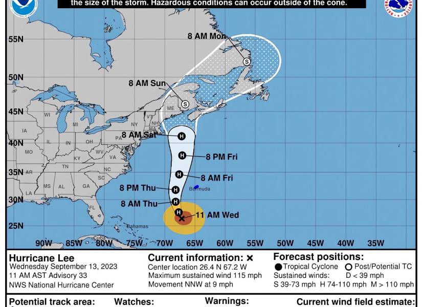 Imagen cedida por el Centro Nacional de Huracanes (NHC) de Estados Unidos donde se muestra el pronóstico de cinco días del paso del huracán Lee por el Atlántico