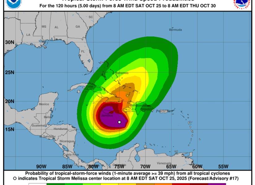 Imagen de la tormenta Melissa que se convirtió en huracán categoría 1 este sábado, en el Caribe.