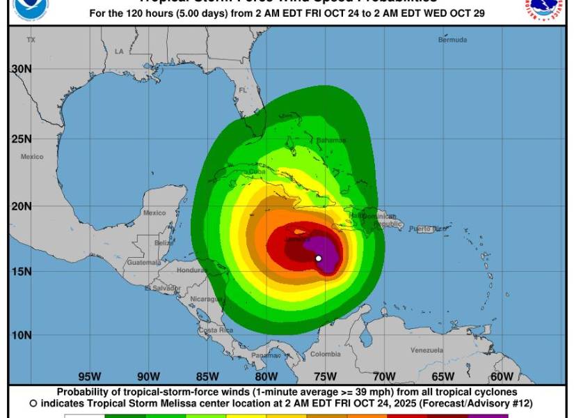 Estos gráficos muestran probabilidades de velocidades sostenidas del viento en la superficie (promedio de 1 minuto) iguales o superiores a 34 nudos (39 mph).